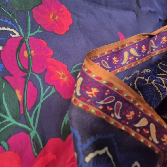 Silk Scarf Colorful Floral In Blues And Hot Pink - Picture 3 of 7